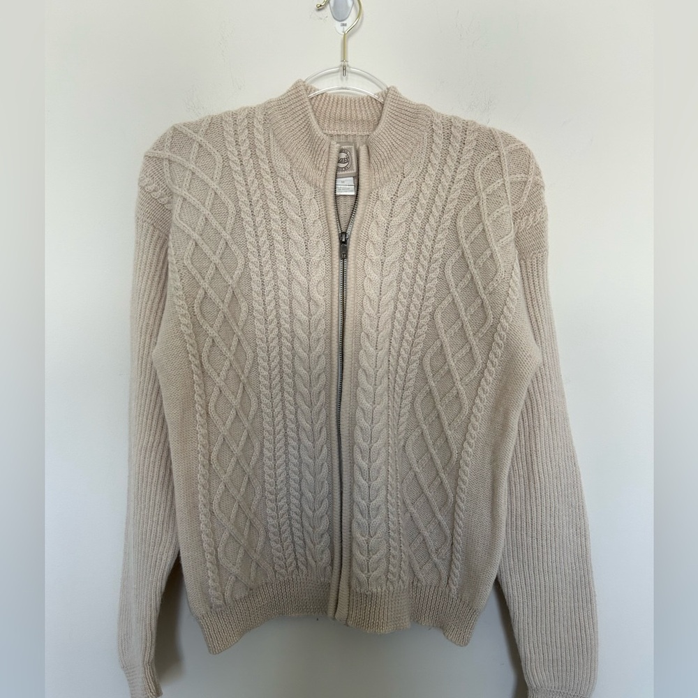 G.H.Bass 100% Wool Cream Fisherman Sweater Full Zip Size Medium